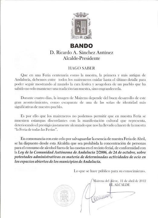 Bando del Alcalde de Mairena del Alcor. 11/04/2012
